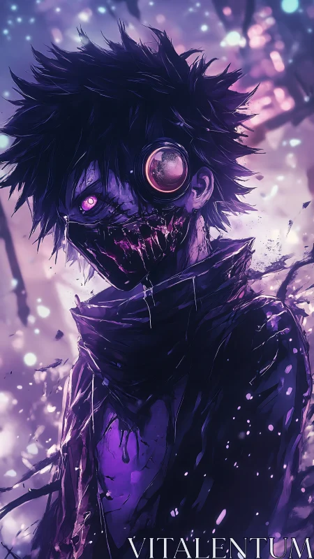 Cybernetic ghoul portrait with glowing monocular implant