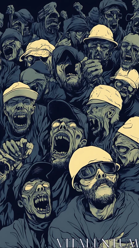 Haunting crowd of ghoulish faces in eerie blue tones.