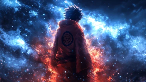 Stargazing warrior walks through twin storms of fire and ice.