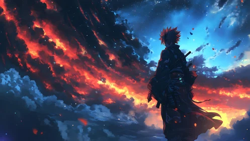 Samurai silhouette studies dual-tone nebular sky gradients