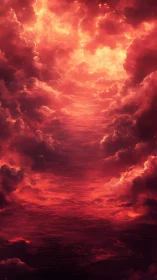 Digital painting of fiery cloud corridor above crimson sea.
