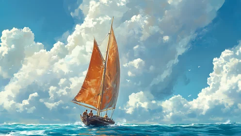 Orange-sailed boat glides beneath towering summer clouds.