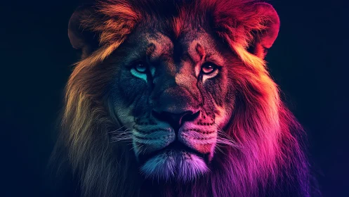 Bilateral neon keylit lion portrait with chromatic mane profile.