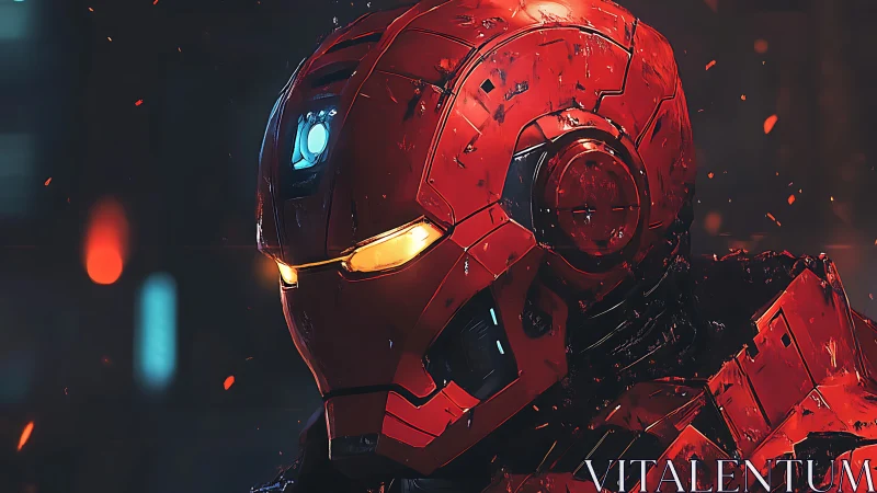 Battle-scarred red mecha helmet in cinematic close-up profile