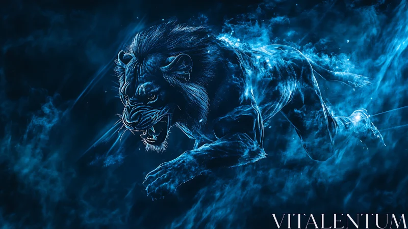 Glowing blue lion lunges forward in dynamic side profile
