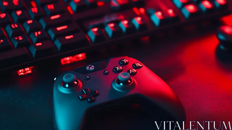 Gaming controller and keyboard in red blue neon light.