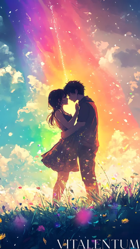 Couple Embracing Under Rainbow Sky With Magical Light