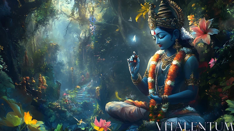 Serene blue deity meditating in a glowing forest sanctuary.