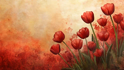 Red Tulips with Impasto Acrylic Brushwork Against Warm Ombre Background.