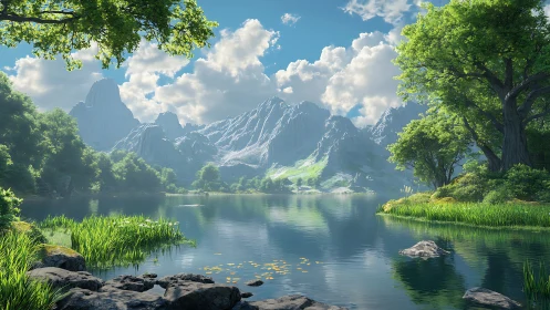 Mountain lake reflects bright sky and lush summer forest.