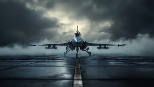 Low-angle frontal view of armed jet on wet runway under storm sky