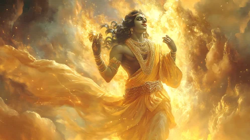 Divine luminescent deity in swirling golden celestial clouds.