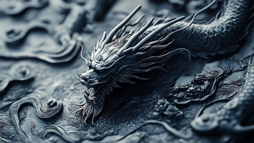Cinematic monochrome 3D dragon relief renders turbulent waters