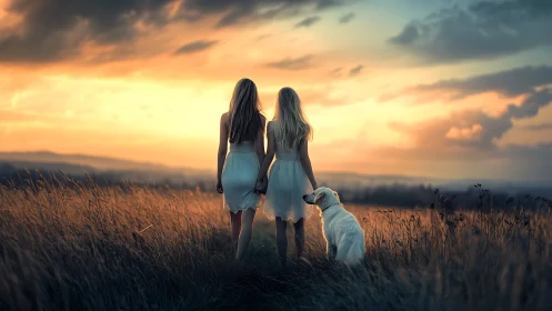 Two girls and a dog in a golden field at sunset, dreamy style.