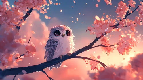 Cute Baby Owl on Cherry Blossom Branch, Dreamy Digital Art.