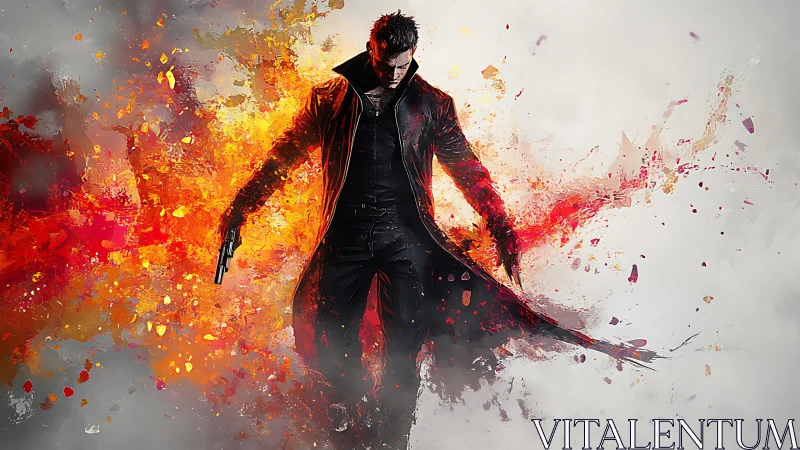 Gunman in long coat amid abstract fiery explosion art.