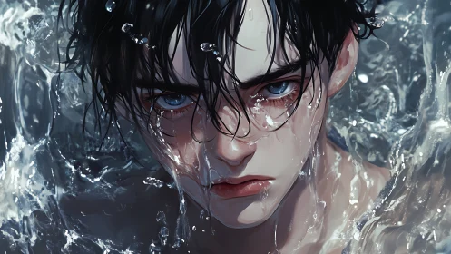 Wet haired young man emerging from surrounding water surface.