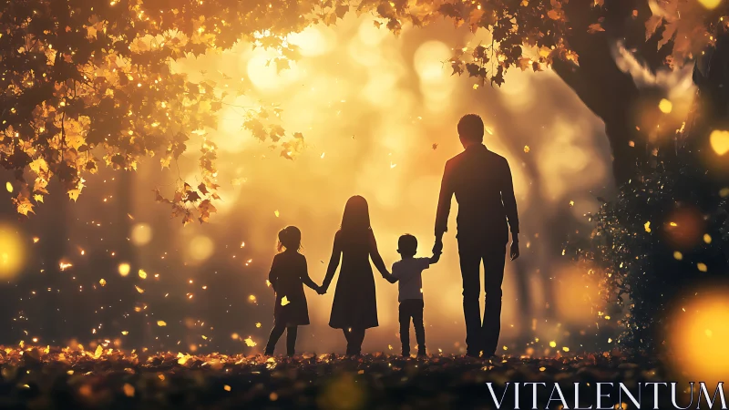 Family Silhouettes Under Golden Autumn Bokeh with Leaf Canopy.