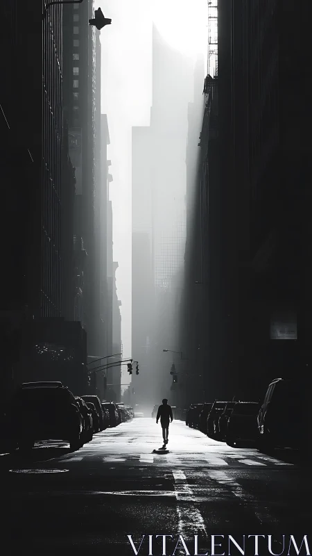 Solitary figure walks through misted high-contrast city canyon.