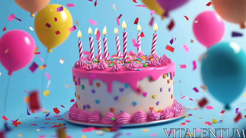 Vibrant Birthday Cake with Pink Frosting and Spiral Candles in Celebratory Setting