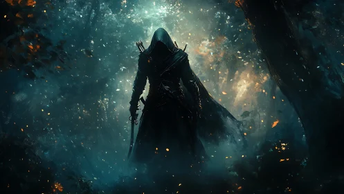 Hooded forest assassin emerges from glowing misty shadows.