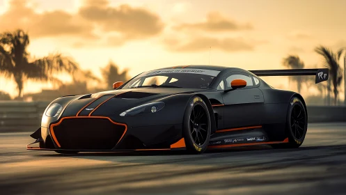 Track-spec GT race car in sunset coastal circuit motion
