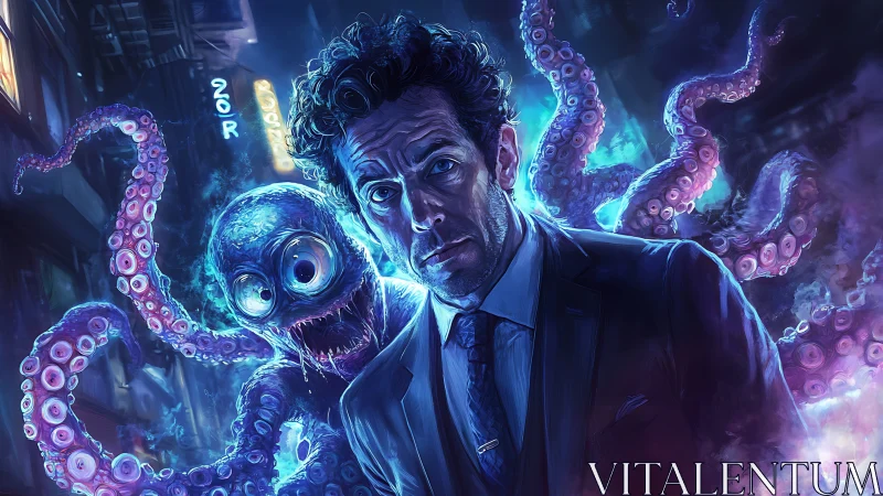 Noir detective with bioluminescent tentacle creature in alley
