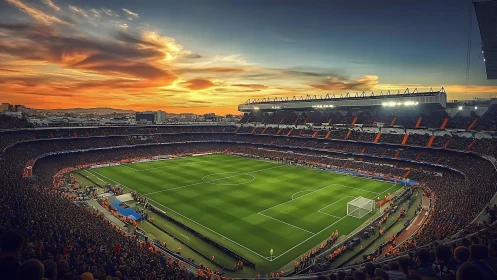 Floodlit football stadium at sunset with packed tiered stands