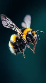 Gentle bumblebee in flight against a soft teal glow.