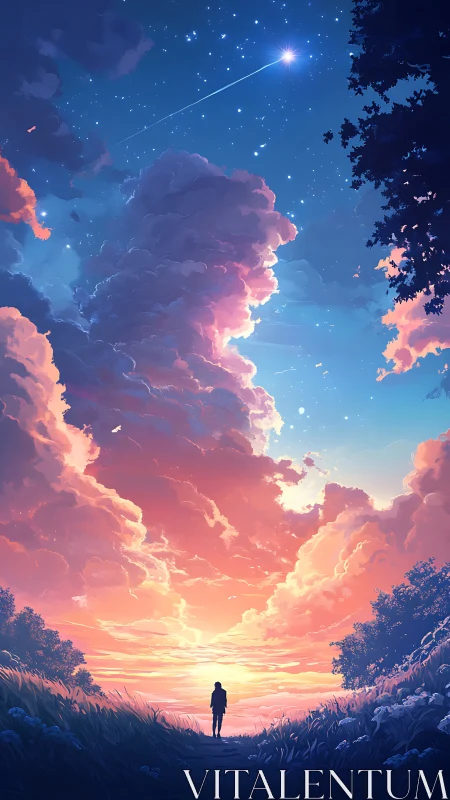 Silhouette under sunset sky with clouds and shooting star.