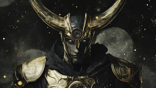 Horned armored warlord stands under dark celestial sky