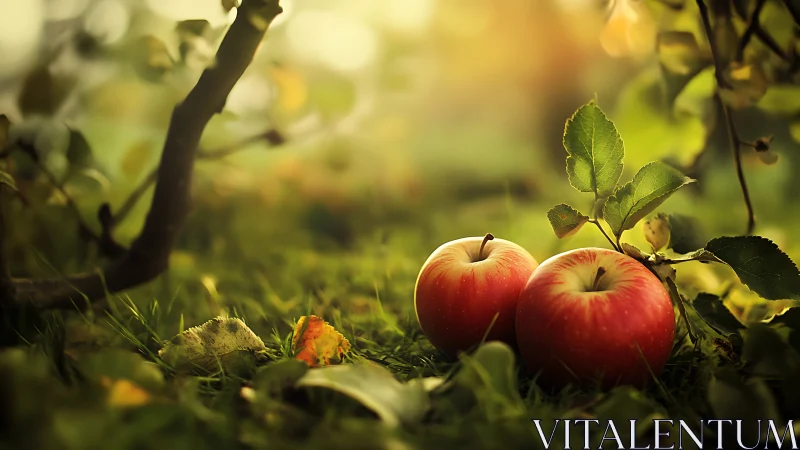 Sunlit orchard apples resting on mossy forest floor.