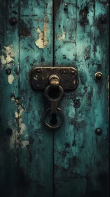 Rusted lock anchors weathered teal wooden door surface.
