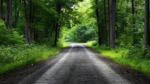 Tree-lined gravel path with recessive perspective and dense canopy illumination