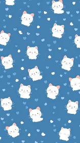 Soft Geometric Feline Pattern: White Cats with Pink Ears on Cerulean Background