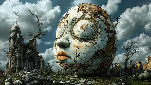 Surrealist ruinscape with monumental cracked head structure.