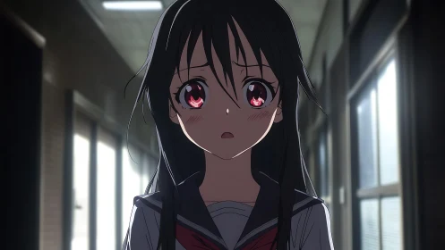 Anxious schoolgirl stands in a dim hallway of uncertainty