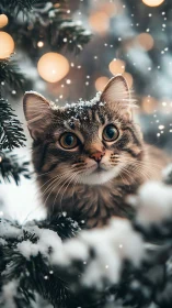 Tabby Cat with Snow-Dusted Face in Winter Bokeh