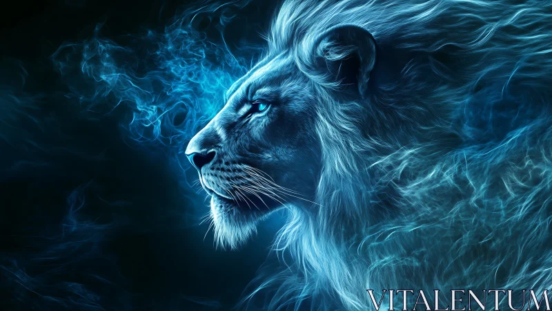 Electric blue lion profile in ethereal energy haze.