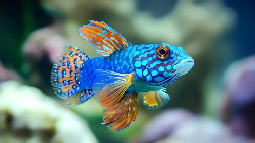 Highly detailed blue reef fish renders in sharp foreground focus