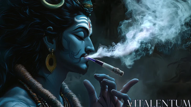 Divine blue figure exhaling ethereal smoke in profile view.