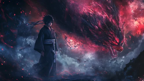 Anime warrior with spectral beast in dynamic infernal storm.