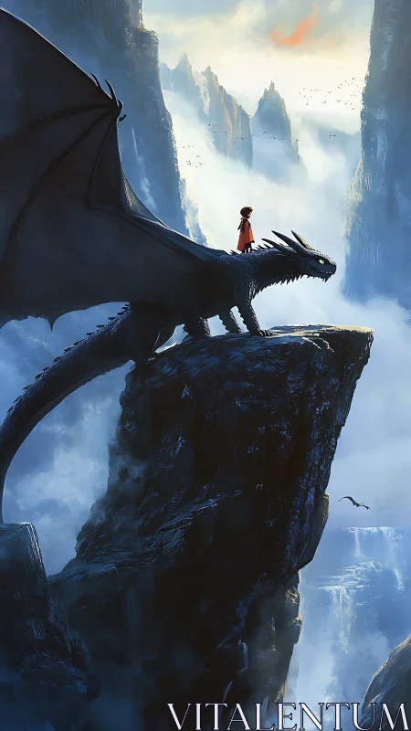 Young rider and dragon survey misty cliffs at dawn