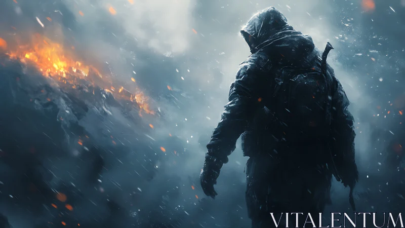 Hooded figure walks through snowy smoke toward distant fire