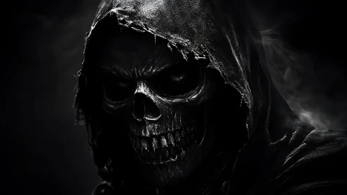 Hooded skeletal reaper portrait in high-contrast monochrome.
