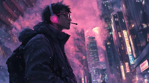Neon nomad with glowing headset in vapor-soaked night city.