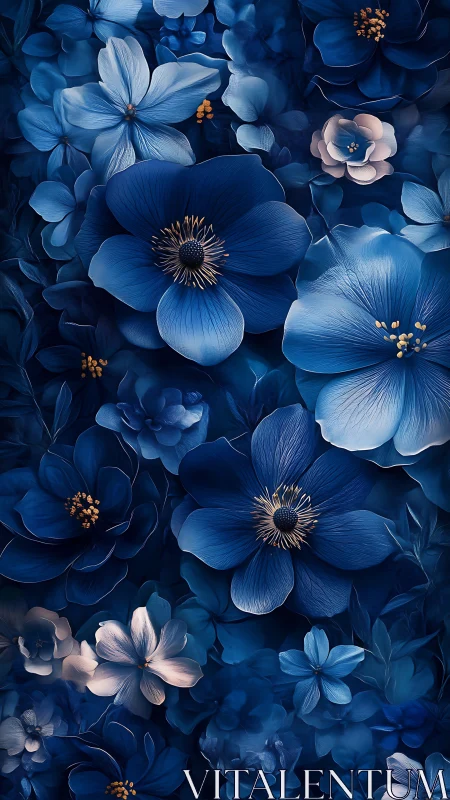 Deep Blue Floral Arrangement With Contrasting Gold Stamen Centers