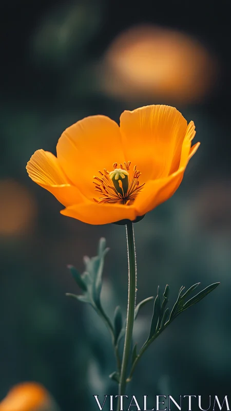 Orange Poppy Bloom in Focused Detail Against Blurred Background.