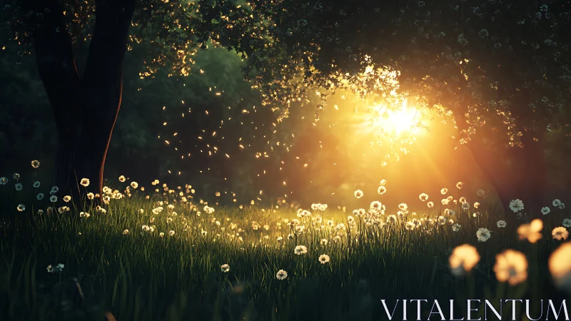 Enchanted Sunlit Meadow with Dandelions in Magical Morning Light.