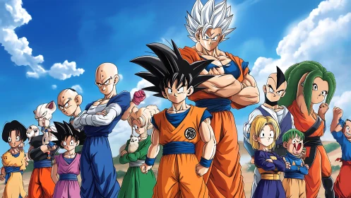 Anime warrior ensemble in orange and blue combat uniforms outdoors